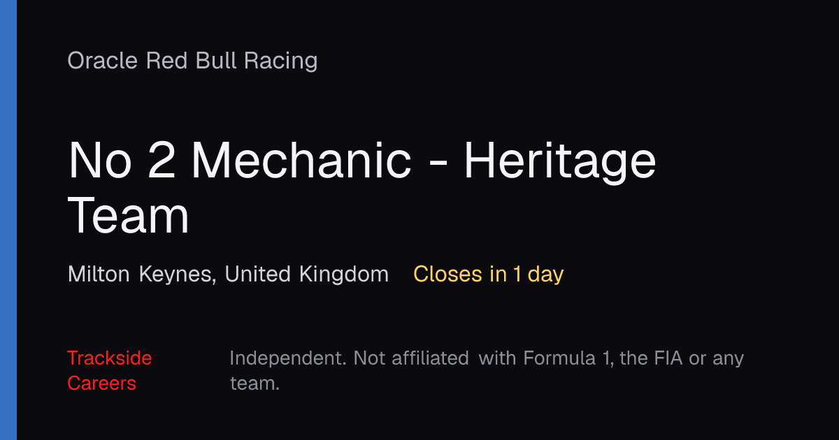 No 2 Mechanic - Heritage Team – Oracle Red Bull Racing | Trackside Careers